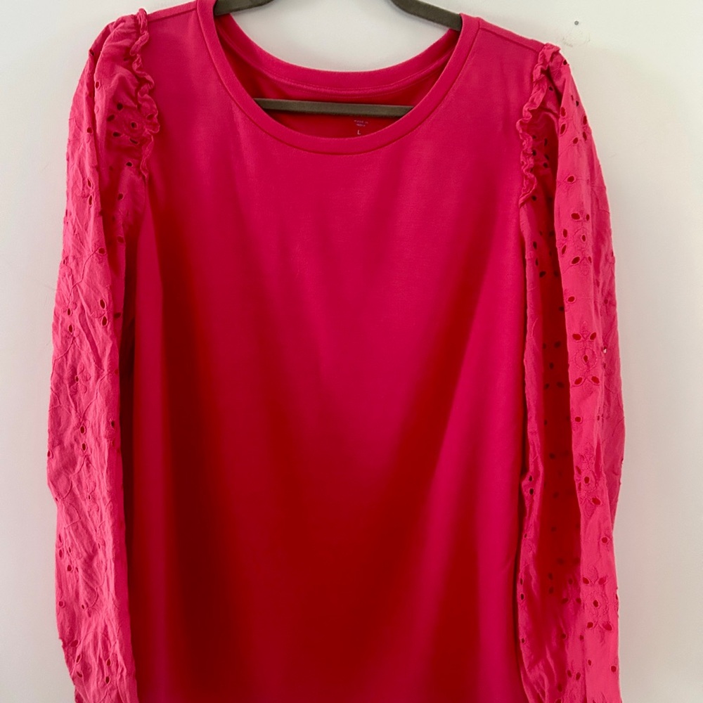 Loft Pink Top with Eyelet Puff Sleeves